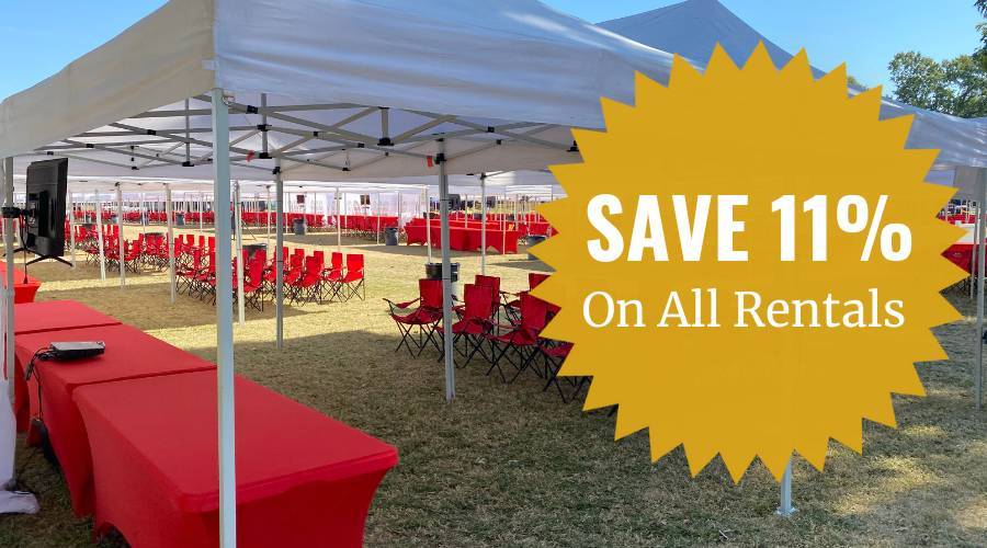 Rental tent over tables at an outdoor event promoting rental services discount